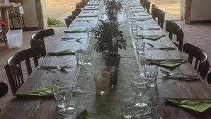 A long dining table set for a meal, with chairs on both sides, in a covered outdoor area with a stone building and greenery in the background.