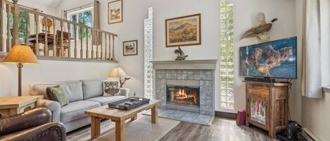 TV connectée, cheminée, livres