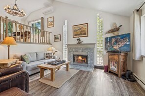 Smart TV, chimenea y libros 