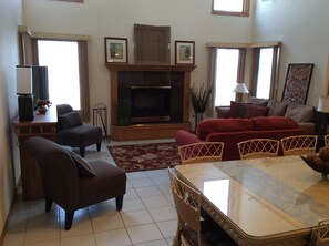 Smart TV, fireplace, DVD player, books