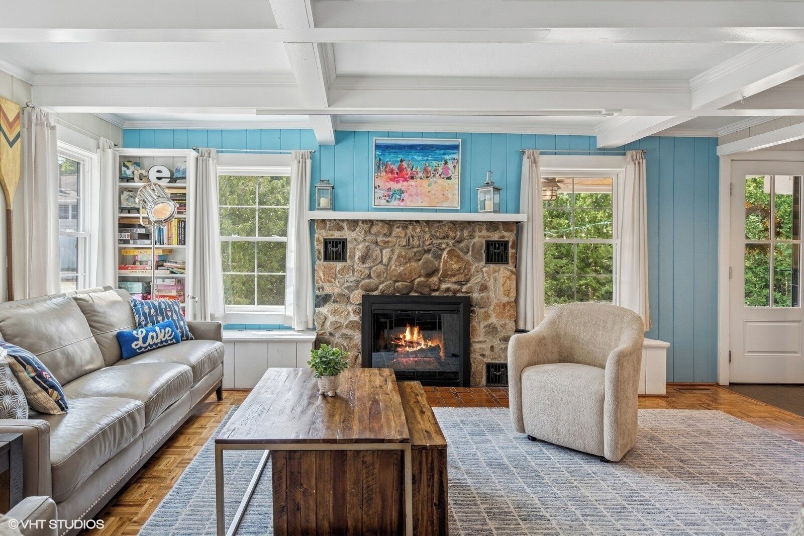 TV connectée, cheminée, lecteur de DVD, livres