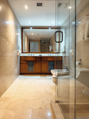 Regadera, secadora de cabello, bidet, toallas 