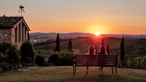 Vista al atardecer desde un banco con vistas a un viñedo, con un edificio de piedra y una veleta al frente.