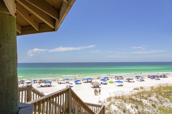 On the beach, sun loungers