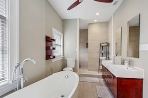 Bathtub, hair dryer, towels