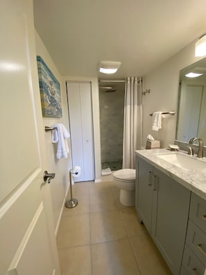 Bañera con ducha, secador de pelo, toallas