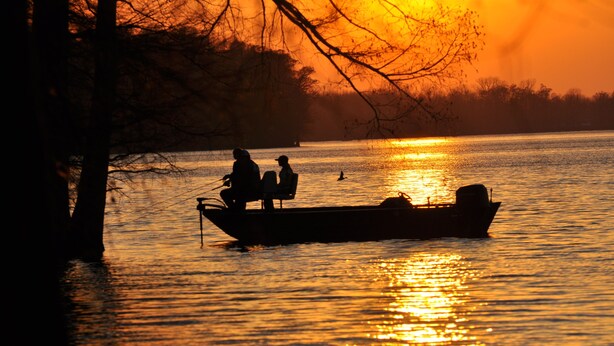 A boat with people on a calm body of water during sunset. -  For Larger Groups Up To 24, Right on Reelfoot Lake--Private Dock And Pier. (Hornbeak)