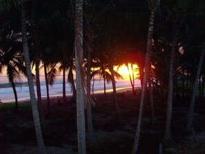 On the beach, sun-loungers