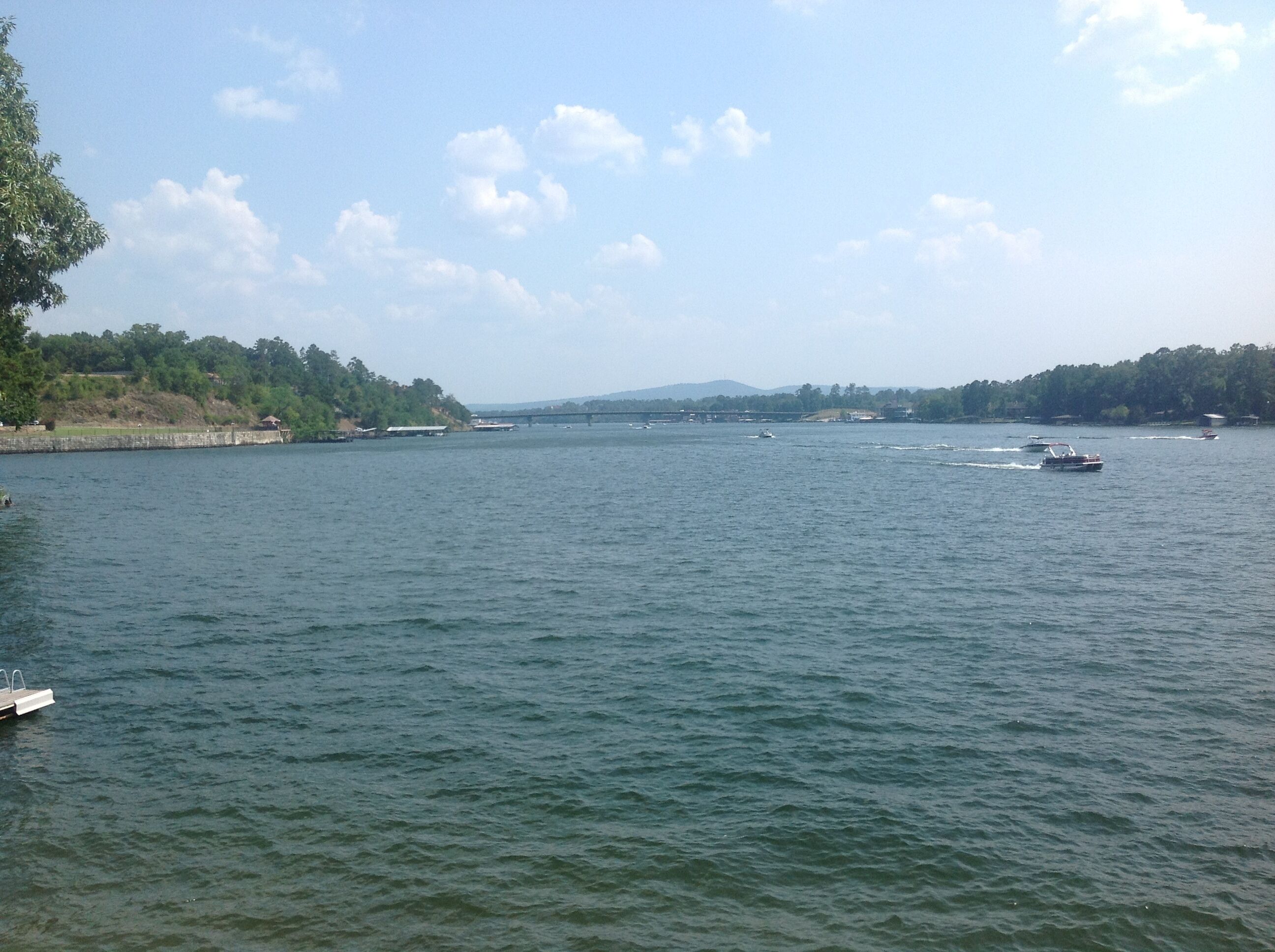 A calm river with boats, a bridge in the distance, and a forested bank.