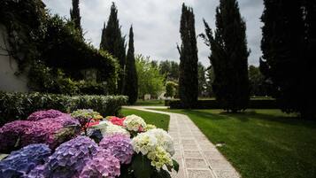 A pathway lined with vibrant flowers leading to a building with a white facade and tall trees.