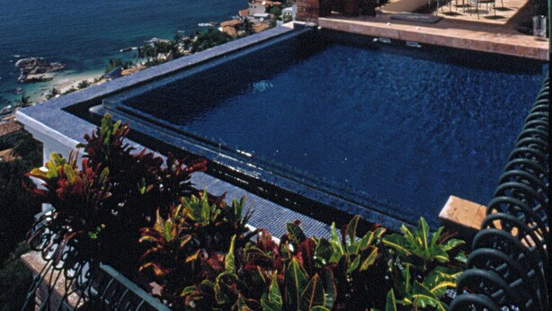 Ein Pool mit Blick auf den Ozean, eine Palme und eine Terrasse mit Stühlen.