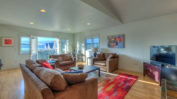 TV connectée, cheminée, livres, chaîne hi-fi