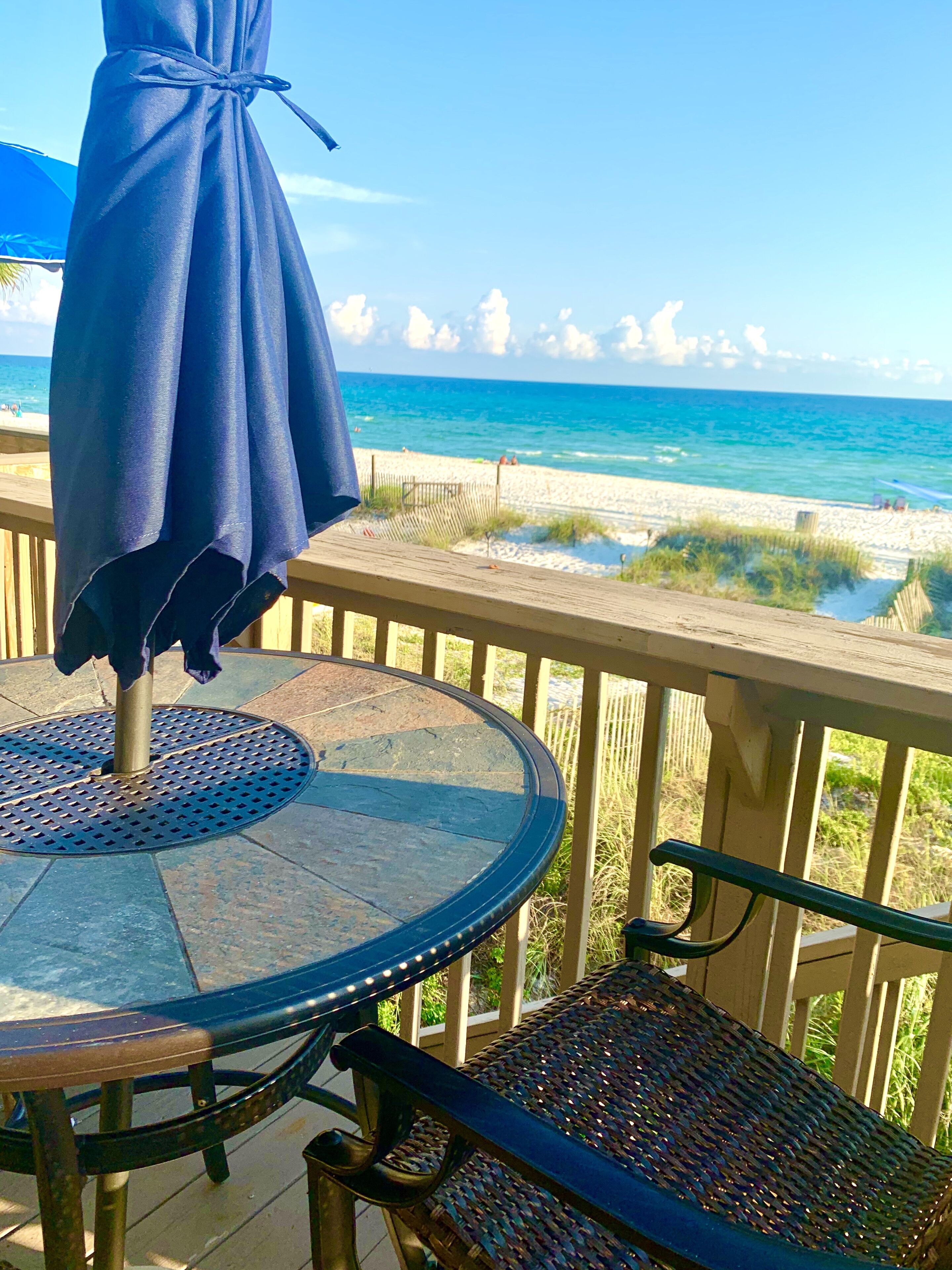 Back deck table w/ umbrella,Grill . 8 chairs &3 lounge chairs.
