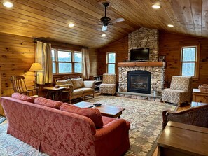 Smart TV, fireplace, DVD player, books