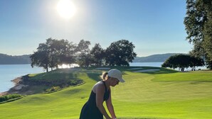Una persona jugando golf en un campo bien cuidado, con un lago y árboles al fondo.