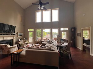 Smart TV, fireplace, DVD player, books