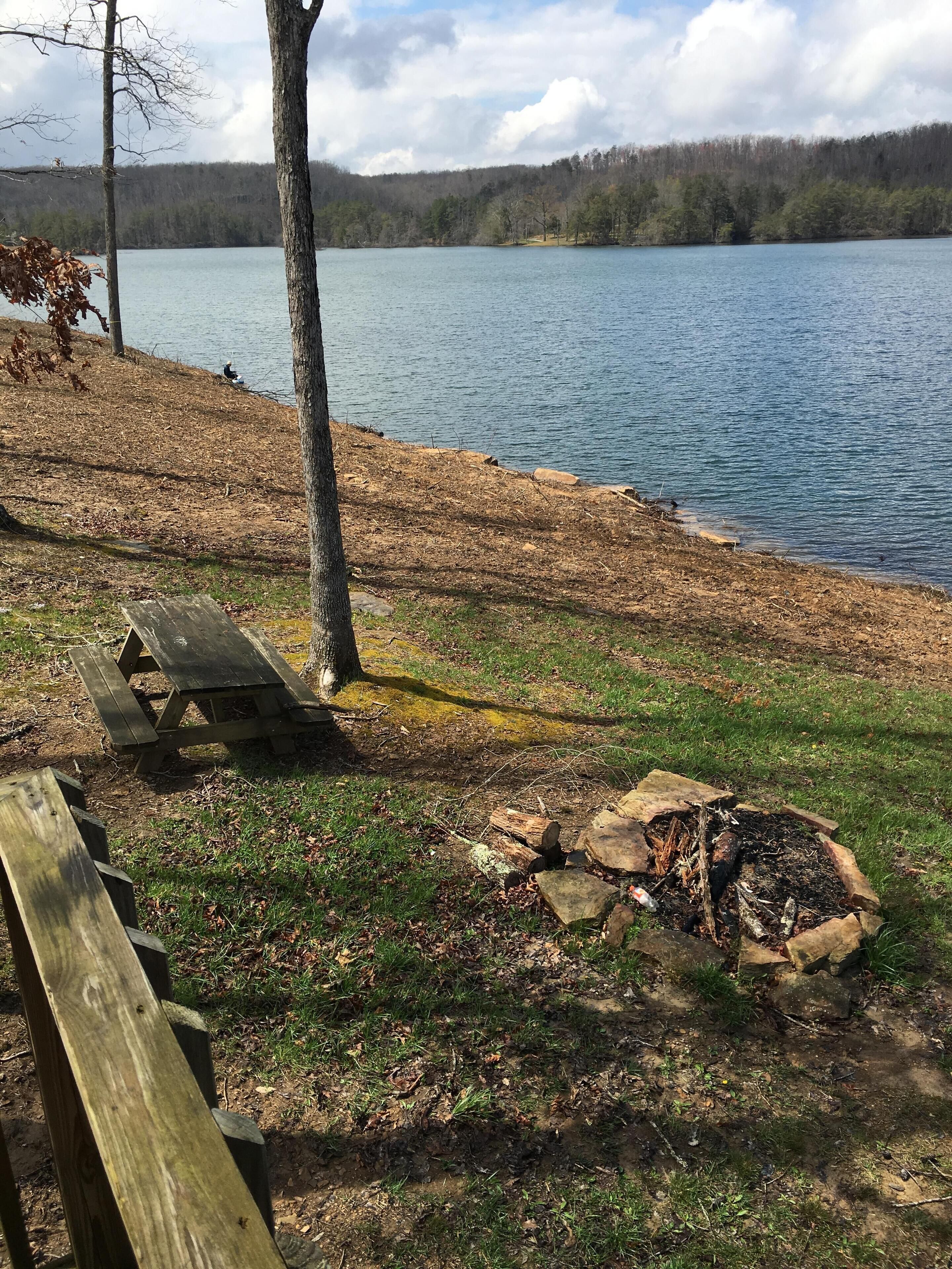 A lakeside picnic area with a wooden bench, a fire pit, and a picnic table.