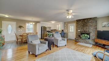 TV, fireplace, DVD player, video library