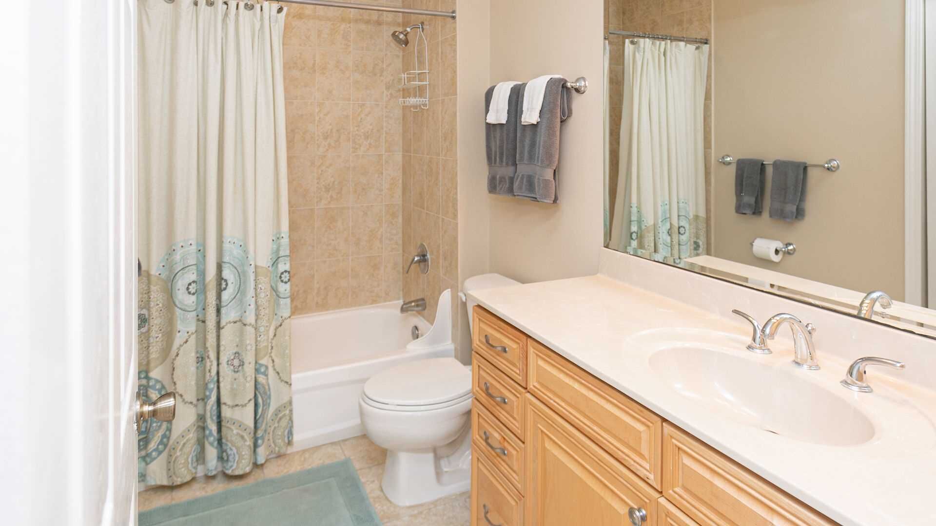Une salle de bain avec une baignoire, des toilettes et un grand miroir.