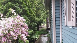 Un sentier bordé d’une végétation luxuriante et d’arbustes en fleurs, qui mène à une maison dotée d’un porche abrité.