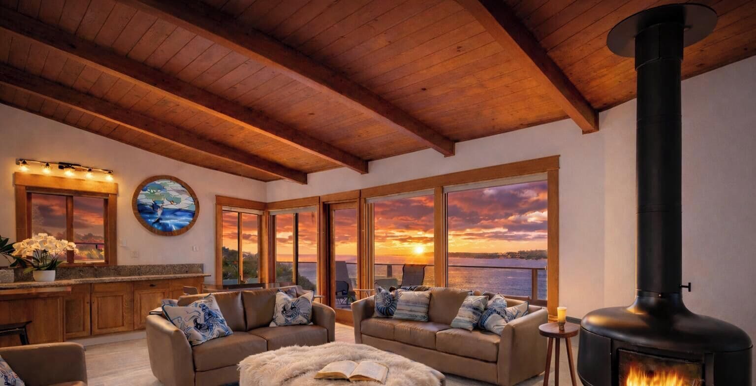 Smart TV, chimenea, libros