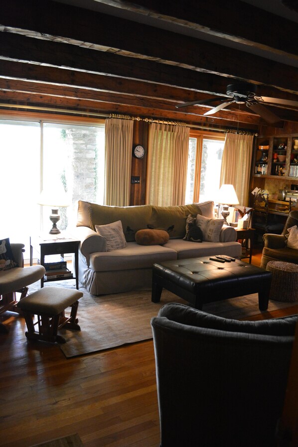 Flat-screen TV, fireplace, video games, DVD player