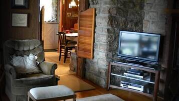 Flat-screen TV, fireplace, video games, DVD player