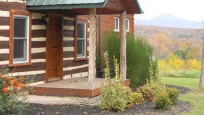 Une cabane en rondins dotée d’une véranda, de portes et de fenêtres en bois.