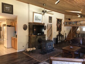 Smart TV, fireplace, DVD player, books