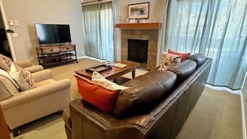 Smart TV, fireplace, DVD player, books