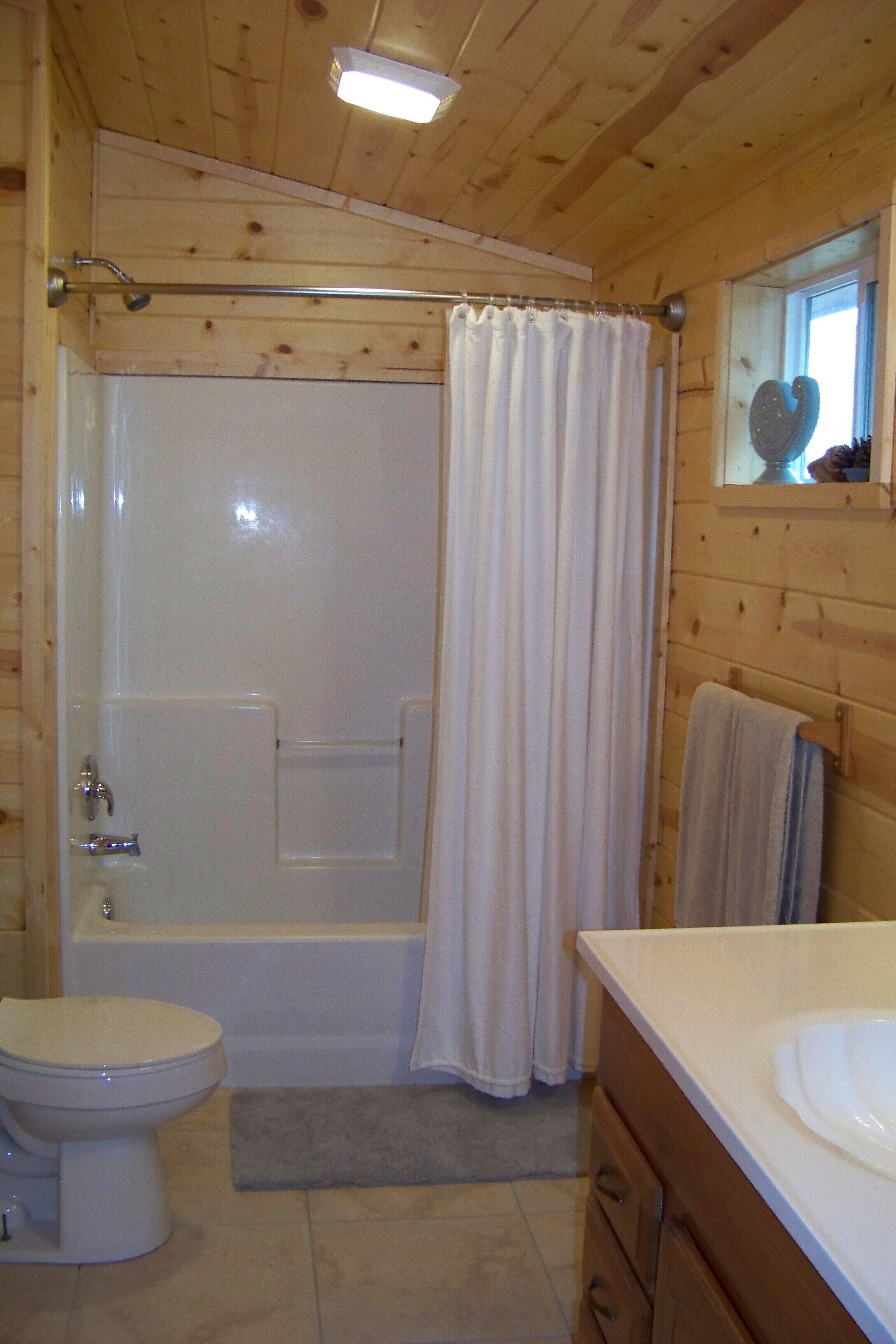 Combined shower/tub, hair dryer, towels, soap