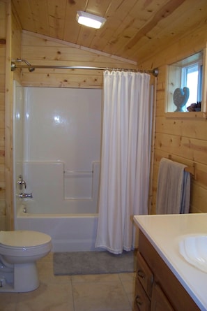 Combined shower/tub, hair dryer, towels, soap