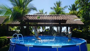 An above-ground swimming pool with a ladder, surrounded by lush greenery and a palm tree.