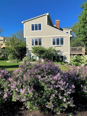 A two-story house with a deck, surrounded by a garden with purple flowers.