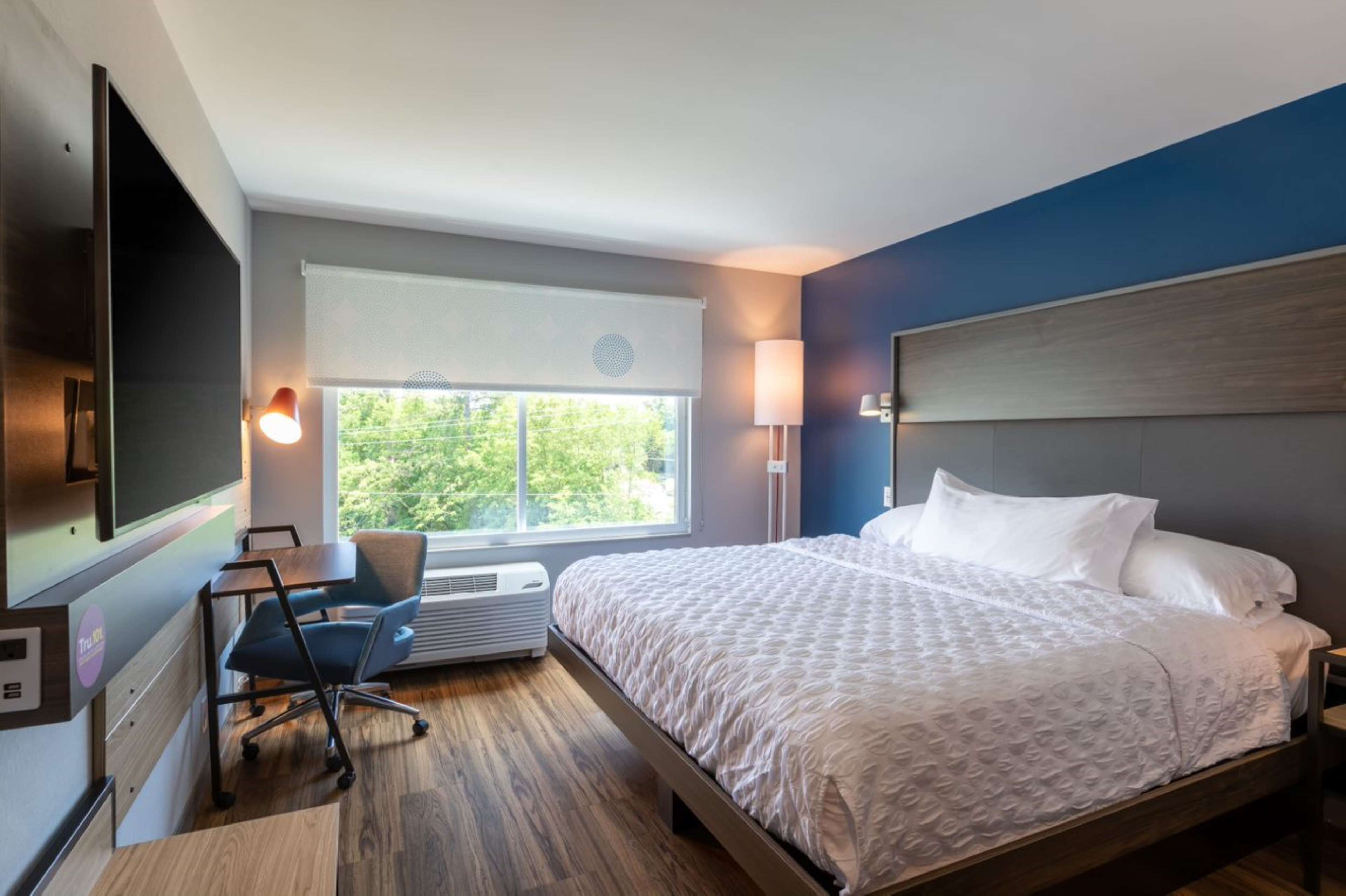 Une chambre d’hôtel avec un grand lit, un bureau avec une chaise, une télévision et une fenêtre donnant sur un paysage verdoyant.