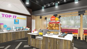 A breakfast counter with a sign reading "TOP IT YOGURT OATMEAL FRUIT" and a display of bagels and donuts. - Tru by Hilton Seneca Clemson (Seneca)