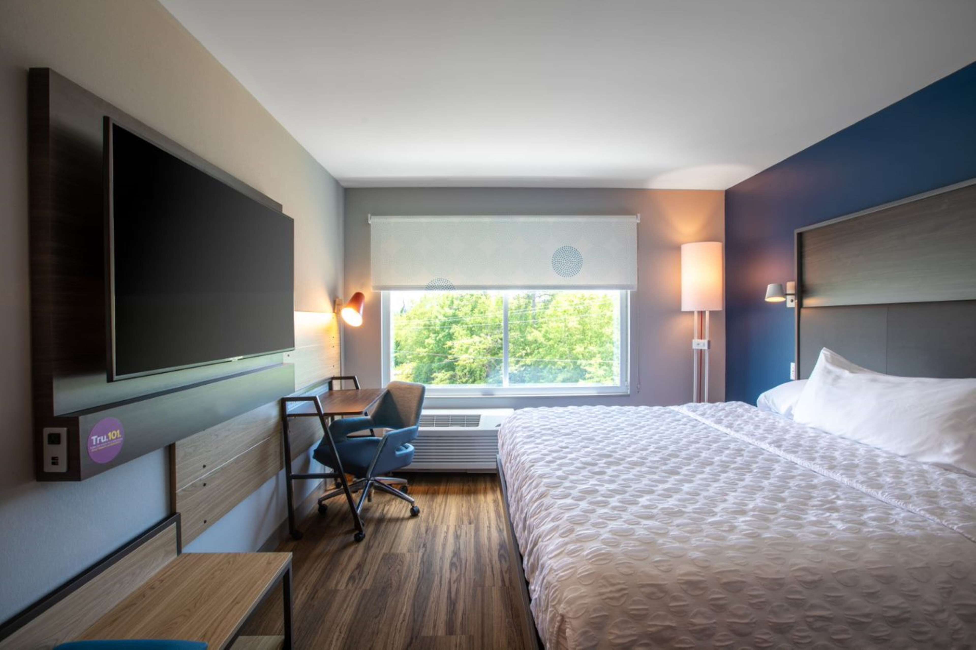A hotel room with a large bed, a desk with a chair, a flat-screen TV, a window with a view of trees, and a headboard.