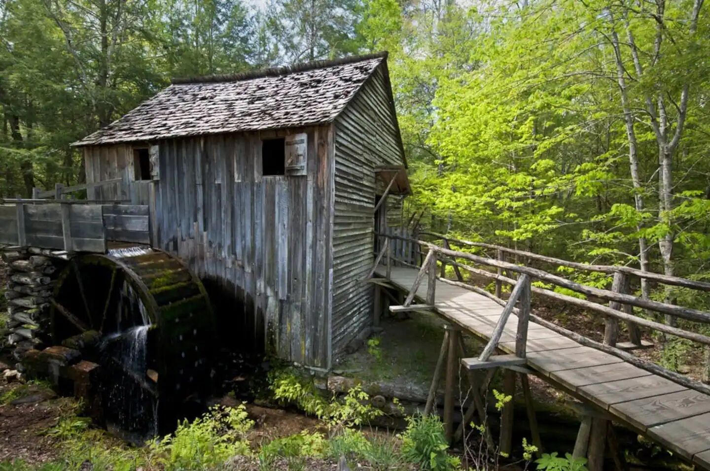 A rustic wooden structure with a water wheel, surrounded by lush greenery and a wooden bridge.