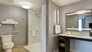 A modern bathroom with a shower, toilet, and vanity with a mirror.
