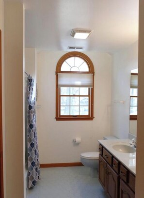 A bathroom with a toilet, a sink, a shower curtain, and a window with a wooden frame.