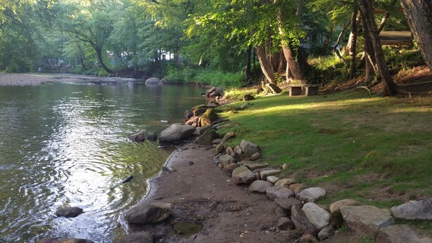 Un sendero a orillas del río con rocas y una zona cubierta de césped, rodeado de árboles.
