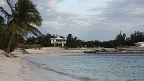 Een strand met een wit huis, palmbomen en een rustige zee.