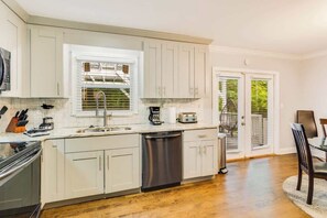 A modern kitchen with white cabinets, a dishwasher, and a window with blinds.