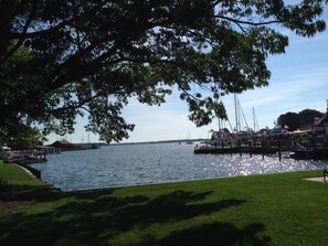 A marina with boats docked, a grassy area in the foreground, and a clear sky. - Premier St. Michaels Cottage - T. Blades House -  Walk to Everything in Town (St Michaels)