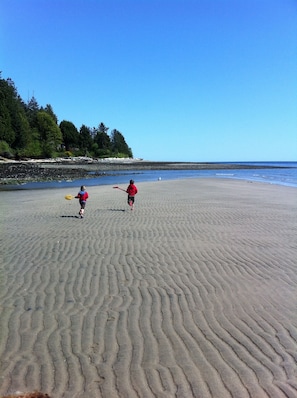 En la playa, camastros y toallas de playa