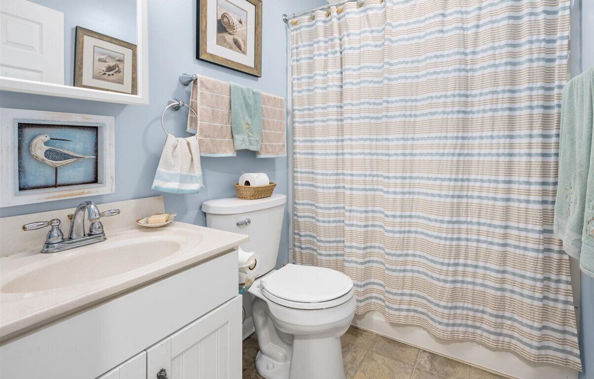 Une salle de bain avec un rideau de douche à rayures, un lavabo avec un porte-savon et des toilettes.