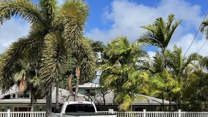 A white pickup truck parked in front of a house with a white fence, surrounded by palm trees. - Footsteps to Hawaii's Best Beach  (Kailua)