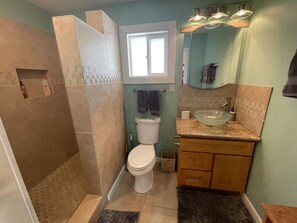 Une salle de bain avec une douche à l’italienne, des toilettes, un lavabo et un miroir.