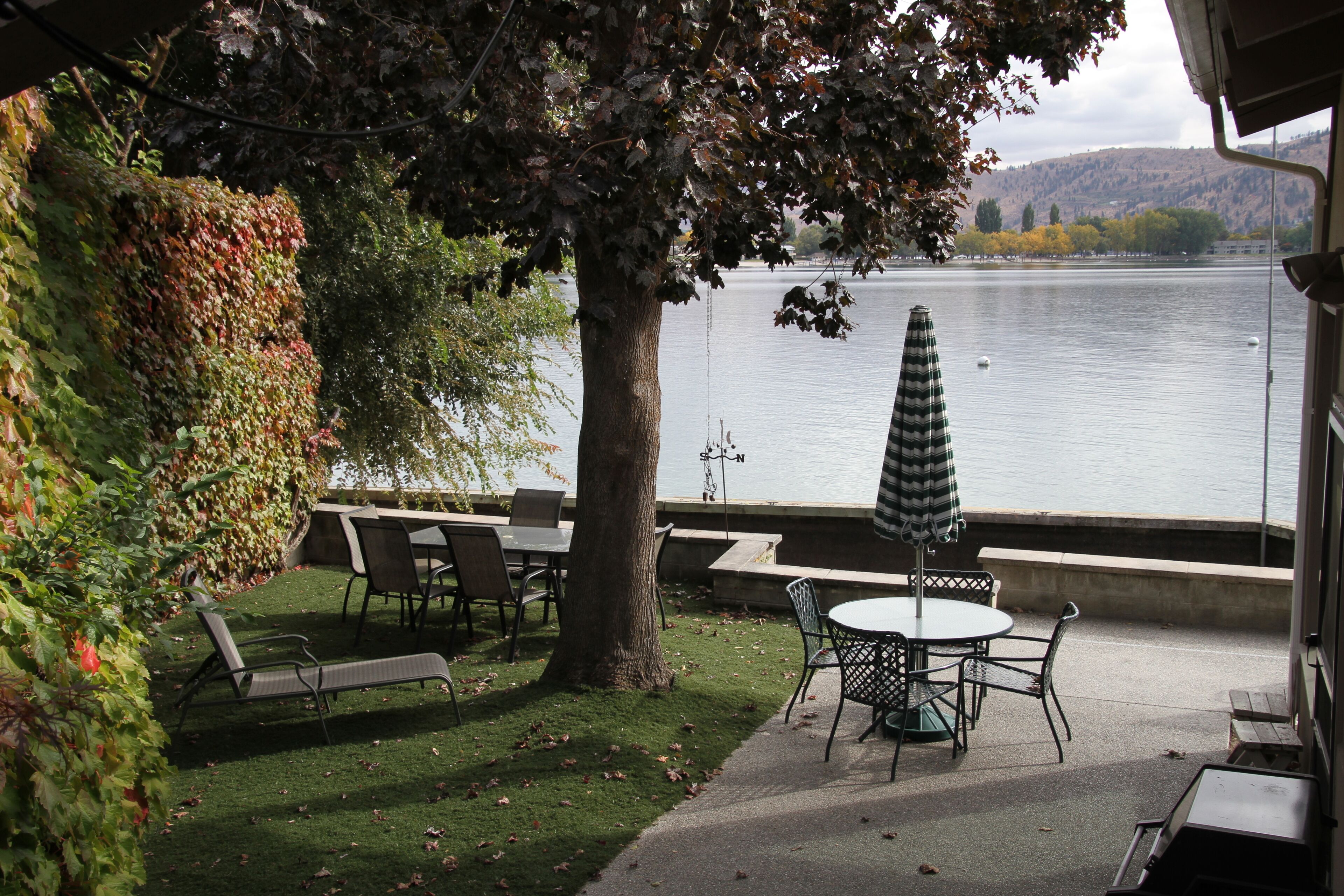 Un espace extérieur aménagé avec des tables et des chaises, un arbre et une vue sur un lac.