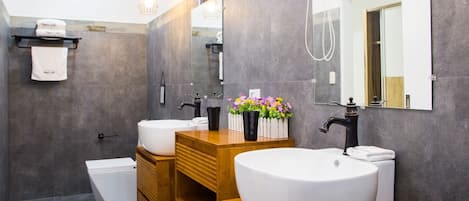 Shower, towels, toilet paper